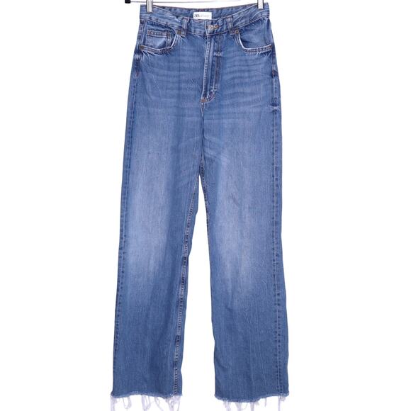 ZARA TRF High Rise Wide Leg Jeans Blue Light Washed Frayed Hem Women's 6 - Picture 1 of 10